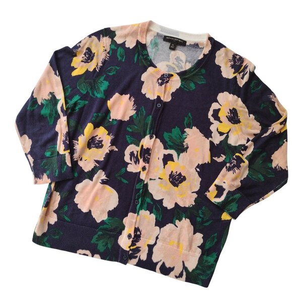 Banana Republic Sweaters - Banana Republic Floral Cardigan M Lightweight Cotton Blend Peach Navy Sweater